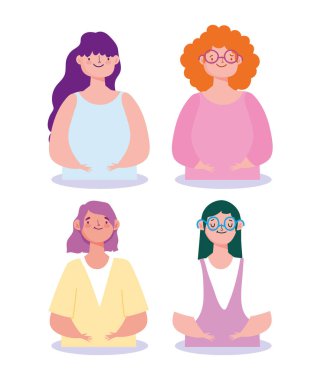 Genç grup kadın karakterler kadın karikatür izole tasarımı