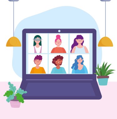 Çevrimiçi toplantı ya da konferans Coronavirus covid 19 sırasında, dizüstü bilgisayar insanları çalışma konseptini bağlar