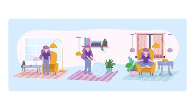 Evde kalmak, kız odada farklı aktiviteler yapmak, kendini izole etmek, koronavirüs için karantina faaliyetleri