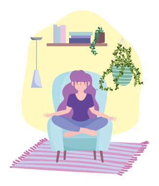 Evde kal, meditasyon yapan kız sandalyede poz ver, kendini izole et, koronavirüs için karantinada çalış.
