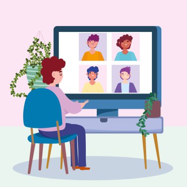 Coronavirus covid 19 sırasında online toplantı ya da konferans, bilgisayarla çalışan genç adam.
