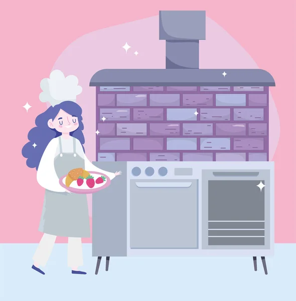 Оставаться дома, женщина шеф-повар с фруктами в тарелке и печи, приготовления карантина деятельности — стоковый вектор