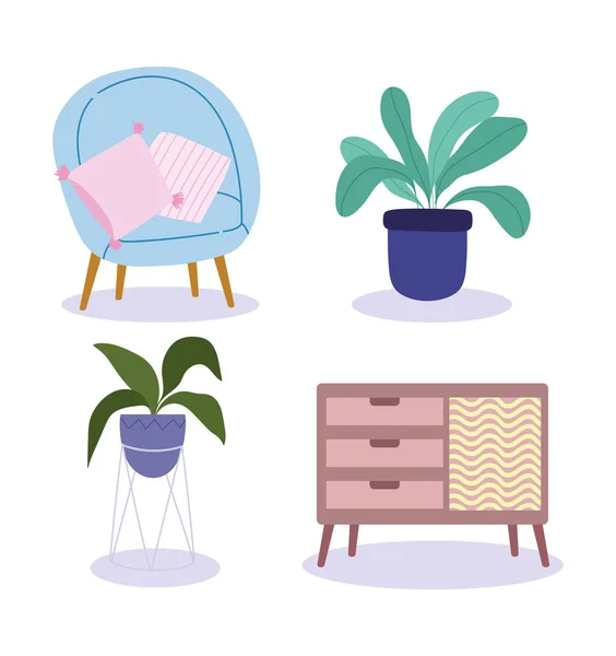 Σπίτι έπιπλα εσωτερικού χώρου βιτρίνα μαξιλάρι καρέκλα και γλάστρες εικονίδια φυτά — Διανυσματικό Αρχείο