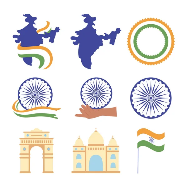 Happy independence day india, map flag landmark famous monuments wheel icons set — Stock Vector