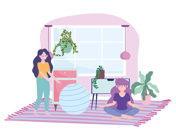 Ficar em casa, meninas na sala com plantas de bolas de fitness, auto-isolamento, atividades em quarentena para coronavírus — Vetor de Stock