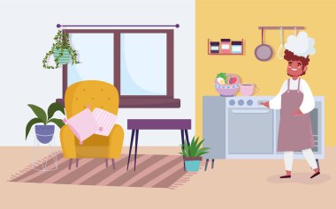 Evde kal, aşçı adam yemek yapıyor, karantina faaliyetleri hazırlıyor.