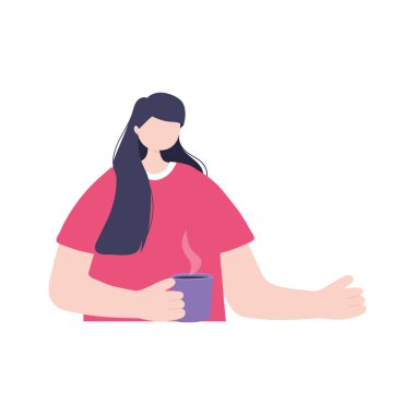 Kahve fincanı olan genç kadın karakter izole tasarım simgesi