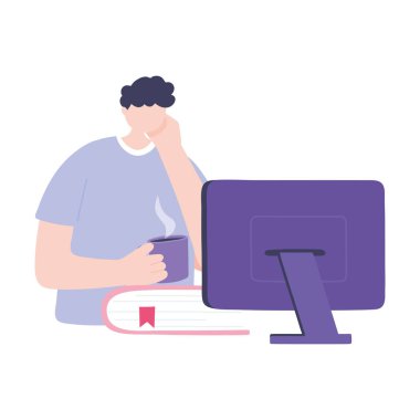 Çevrimiçi eğitim, bilgisayar ve kitap okuyan çocuk, eğitim ve dijital öğrenim kursları