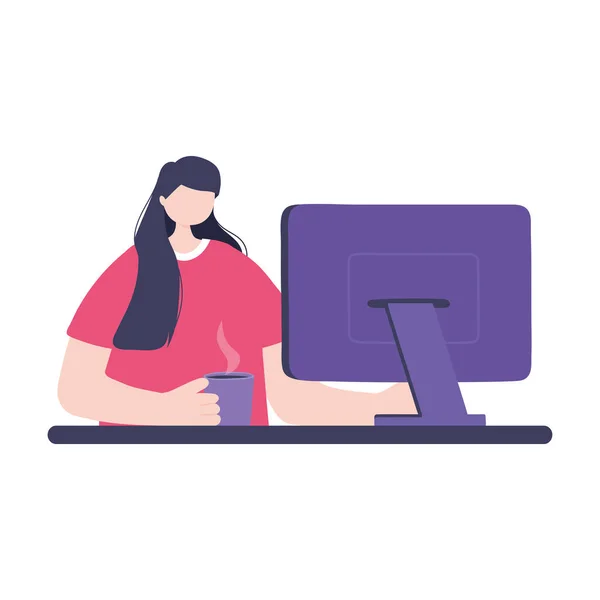 Treinamento on-line, mulher usando computador com xícara de café, educação e cursos de aprendizagem digital —  Vetores de Stock