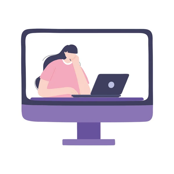 Formazione online, computer con donna con computer portatile, istruzione e corsi di apprendimento digitale — Vettoriale Stock