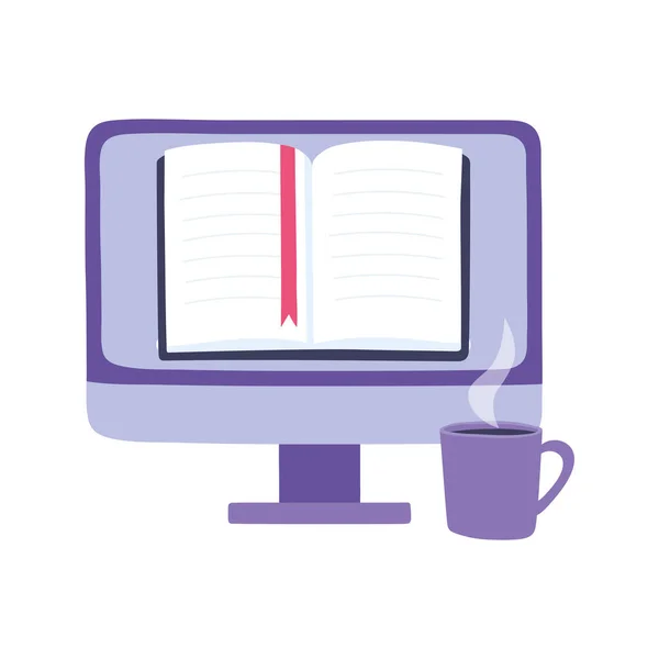 Formación en línea, libro electrónico de ordenador y taza de café, educación y cursos de aprendizaje digital — Vector de stock