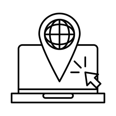 çevrimiçi eğitim, dizüstü bilgisayar dünyası navigasyon işaretçisi, web sitesi ve mobil eğitim kursları çizgi simgesi