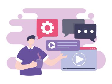 Çevrimiçi eğitim, erkek öğrenci video oynatıcı sohbeti, eğitim ve kursların dijital öğrenimi