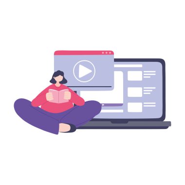 çevrimiçi eğitim, dizüstü bilgisayar video bilgisi, eğitim ve dijital öğrenim kursları ile kız okuma kitabı