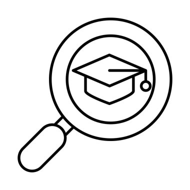 çevrimiçi eğitim, mezuniyet şapkası ve büyüteç, web sitesi ve mobil eğitim kursları çizgi simgesi