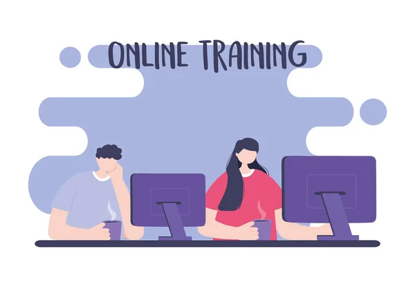 Formación en línea, estudiantes que utilizan la computadora con tazas de café, educación y cursos de aprendizaje digital — Vector de stock