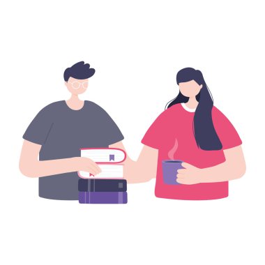 Çevrimiçi eğitim, kız ve erkek öğrenciler kitaplar, eğitim ve dijital öğrenim kursları