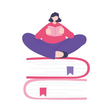 Çevrimiçi eğitim, kız okuma kitabı yığınla kitap, eğitim ve dijital öğrenim kursları