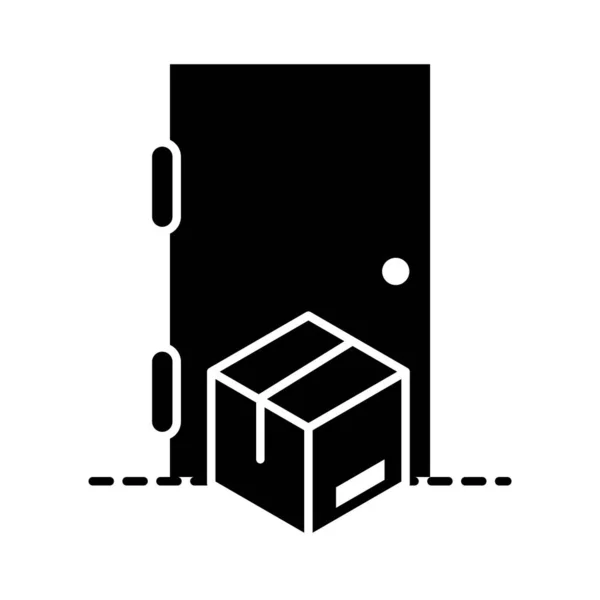 Opakowania dostawy, pudełko tekturowe w drzwiach dystrybucji ładunków domowych, logistyka wysyłki towaru ikona stylu sylwetki — Wektor stockowy