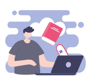 Çevrimiçi eğitim, bilgisayarlı ve kitaplı öğrenci çocuk, eğitim ve dijital öğrenim dersleri