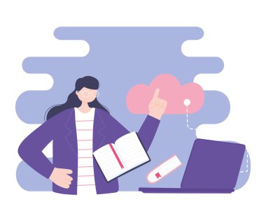 Çevrimiçi eğitim, dizüstü bilgisayar kullanan kadın veri dersi, eğitim ve dijital öğrenim kursları