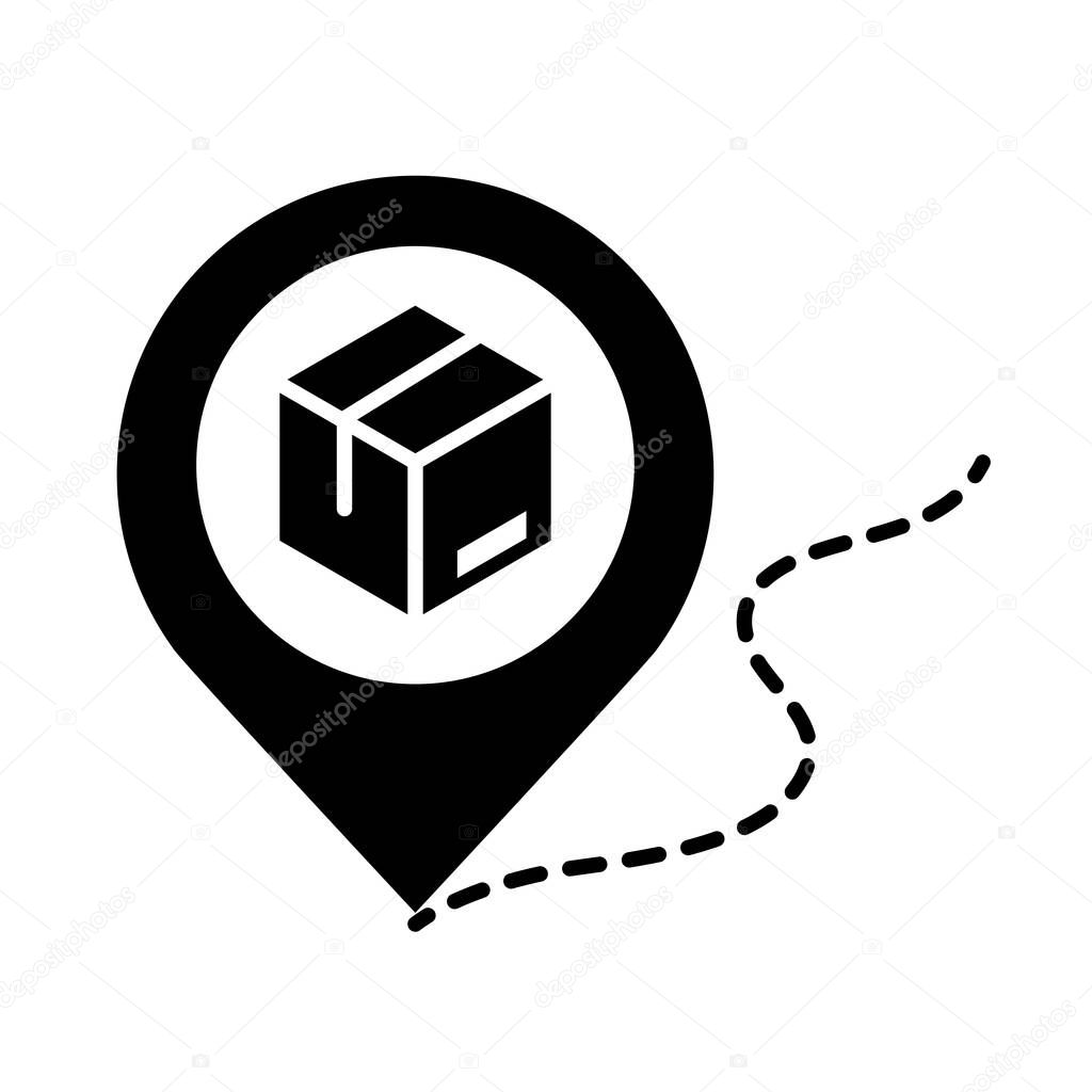 delivery packaging, cardboard box tracking location pointer cargo distribution, logistic shipment of goods silhouette style icon