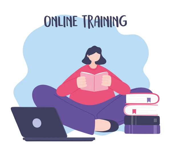 Formación en línea, libro de lectura de la mujer con el ordenador portátil, educación y cursos de aprendizaje digital — Vector de stock