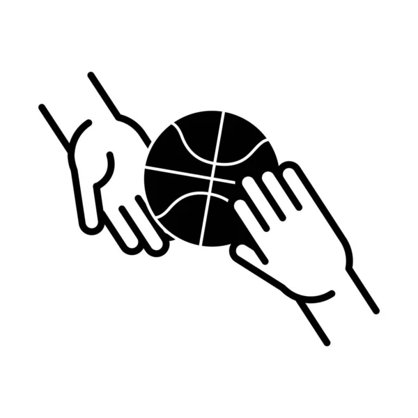 Jeu de basket-ball, mains avec balle loisirs sport silhouette style icône — Image vectorielle
