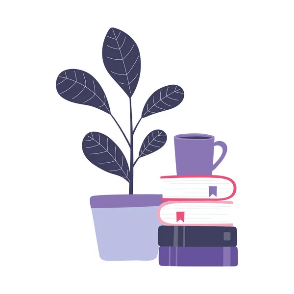 Capacitación en línea, taza de café en libros apilados y plantas, educación y cursos de aprendizaje digital — Vector de stock