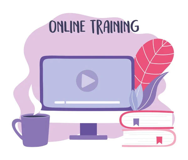 Formación en línea, libros de video y taza de café, educación y cursos digitales — Vector de stock
