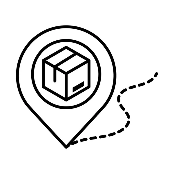 Opakowanie dostawy, tekturowe pudełko śledzenia lokalizacji wskaźnik dystrybucji ładunku, logistyka wysyłki ikona stylu linii towarowej — Wektor stockowy