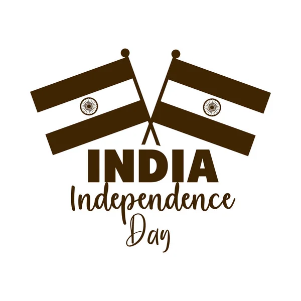 Felice giorno dell'indipendenza india, bandiere in icona stile silhouette con iscrizione a palo — Vettoriale Stock