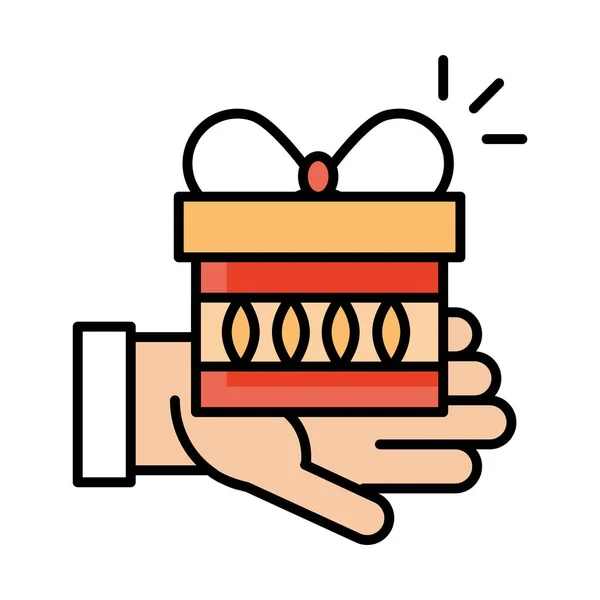 Mano celebración regalo caja sorpresa celebración línea y relleno estilo icono — Vector de stock