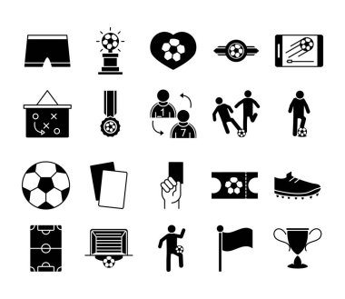 soccer game, trophy league recreational sports tournament silhouette style icons set clipart