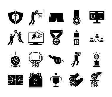 Basketbol oyunu, eglence sporu siluet stili simgeler seti