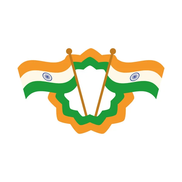 Šťastný den nezávislosti Indie, vlajky a odznak dekorace slavnostní plochý styl ikony — Stockový vektor