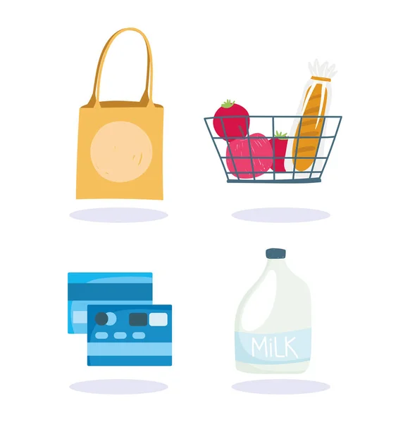 Интернет-рынок, корзина банковских карт молоко и сумка, доставка еды в продуктовый магазин — стоковый вектор