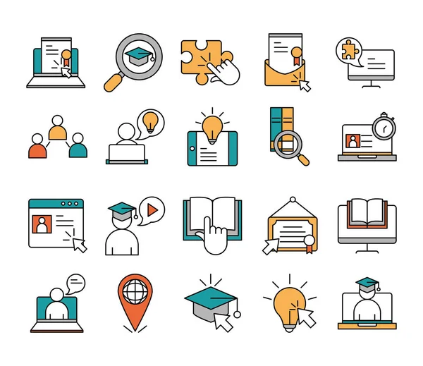オンライン教育、ウェブサイト、モバイルトレーニングコースのアイコンがラインとフィルアイコンを設定 — ストックベクタ
