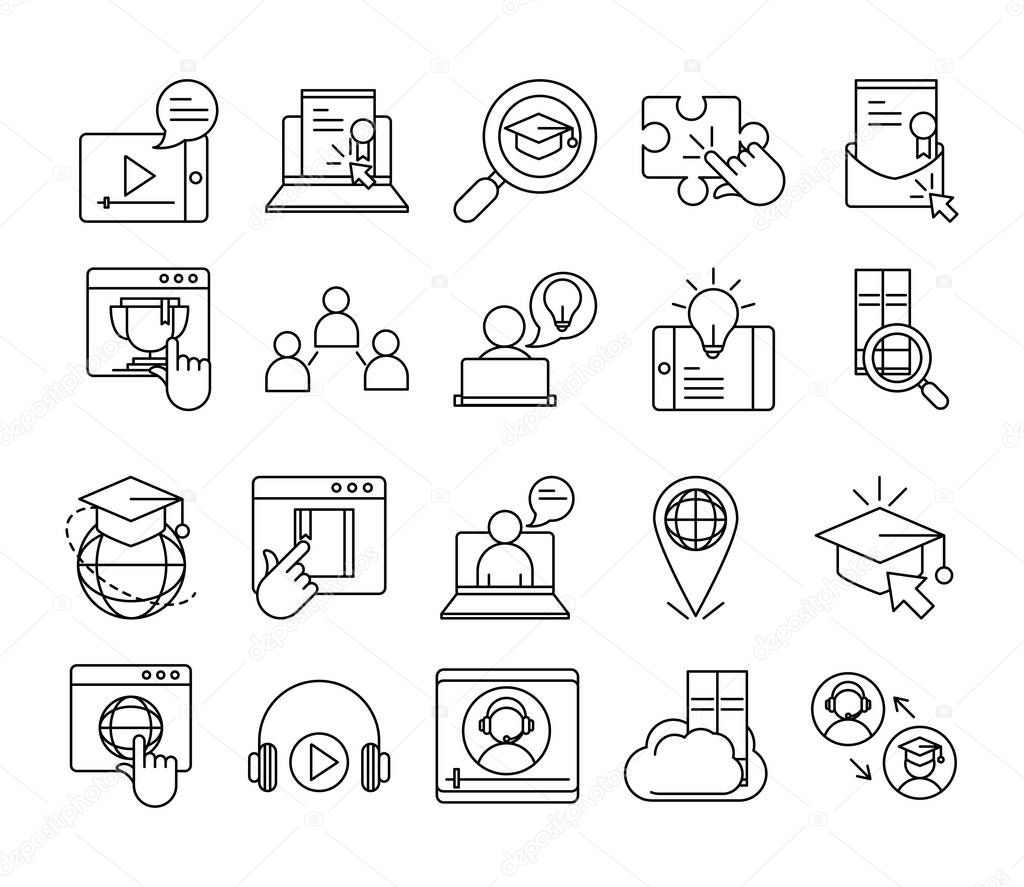 online education, website and mobile training courses icons set line style icon
