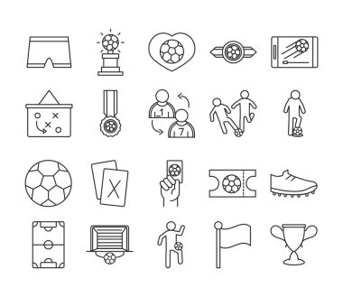 Futbol maçı, kupa ligi spor turnuvası çizgi simgeleri.