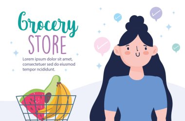 Online market, alışveriş sepeti ve meyveli kadın, markette yiyecek teslimatı