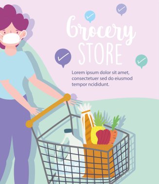 Online pazar, kadın maske işaretli ürünleri el arabasında, yiyecek teslimatı markette