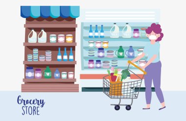 Markette tıbbi maskeli ve alışveriş arabalı bir kadın var.