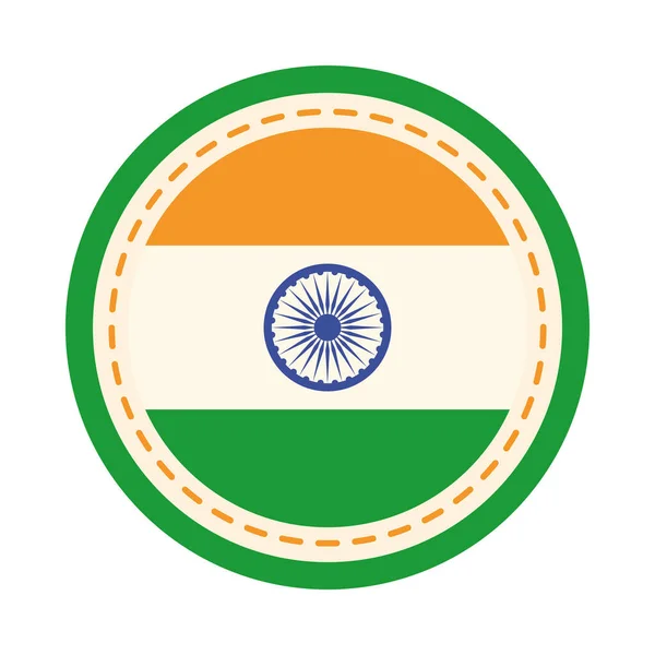 Glad självständighetsdag india, bricka med flagga nationella emblem platt stil ikon — Stock vektor