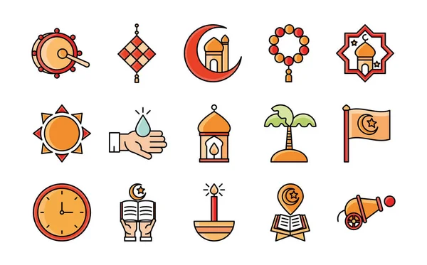 Eid moubarak célébration religieuse islamique icônes traditionnelles mis à plat style — Image vectorielle