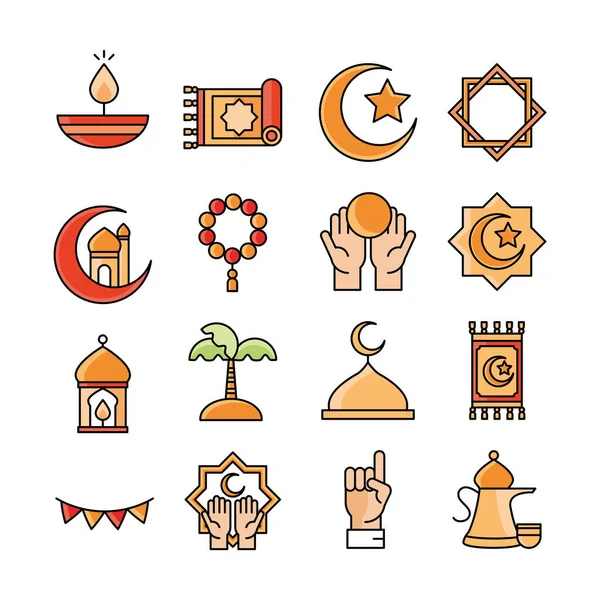Eid mubarak islámico celebración religiosa iconos tradicionales conjunto de estilo plano — Vector de stock