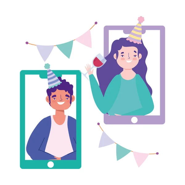 Online πάρτι, γενέθλια ή συνάντηση φίλων, smartphones video call κατά τη διάρκεια της αυτο-απομόνωσης γιορτή — Διανυσματικό Αρχείο
