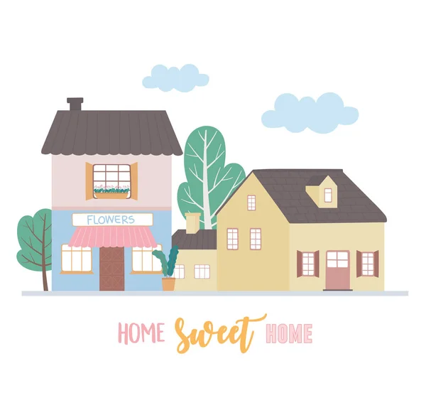 Home sweet home, beherbergt wohngebiet städtische architektur nachbarschaft straße — Stockvektor