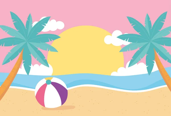 Hello summer, tropical leaves foliage palms beach ball sea sunset — Stock Vector