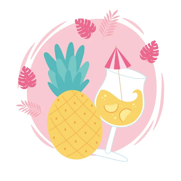 Ahoj léto, tropický ananasový ovocný koktejl s deštníkem — Stockový vektor